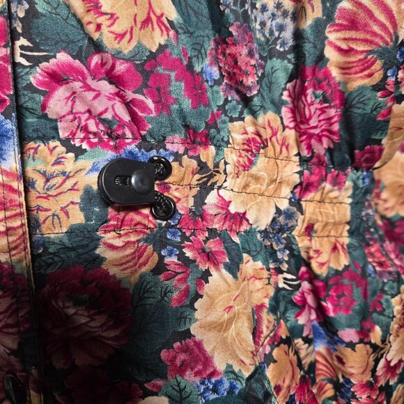 Vintage 80s Floral Puffer Ski Jacket Coat Black Faux Fur Trim Oversized size L - Picture 9 of 16